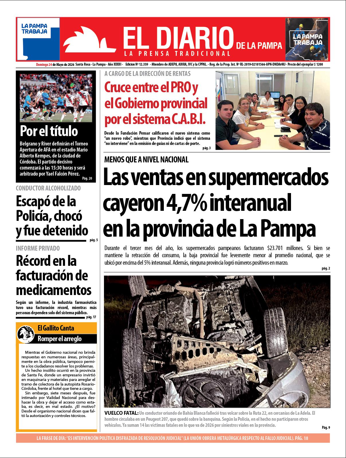 Tapa de El Diario en papel  domingo 24 de mayo de 2026